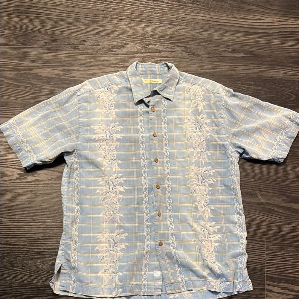 🍍 Tommy Bahama Shirt Mens Med Blue Pineapple Floral 100% Silk Short Sleeve🍍
